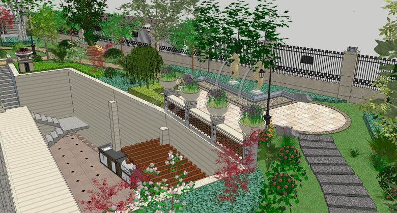 海马喷水池鲜花庭院景观su模型-图二