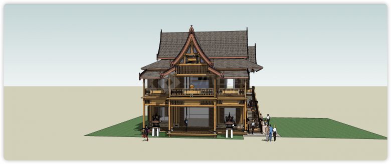 双层深色傣族木屋建筑su模型-图二