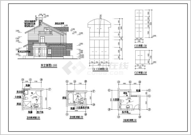 江苏某小区3层框架结构别墅建筑施工图-图二