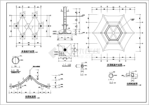 某地明清风格砖混结构六角古亭园林设计施工图-图二