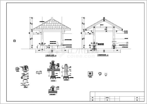某四角木质结构盖瓦景观亭全套方案图-图二