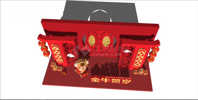 中式红色新春贺岁墙su模型-图二