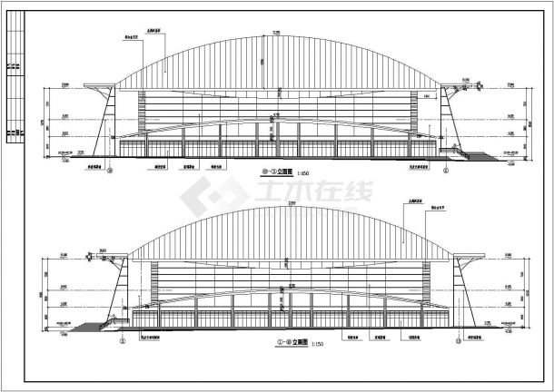 某地中下部型框架上部钢构体育馆建筑施工图-图一