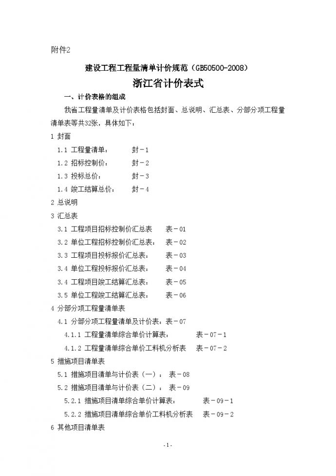浙江省2008清单计价规范计价表格_图1