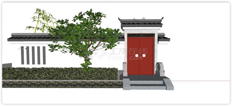 红色门古典庭院大门围墙su模型-图一