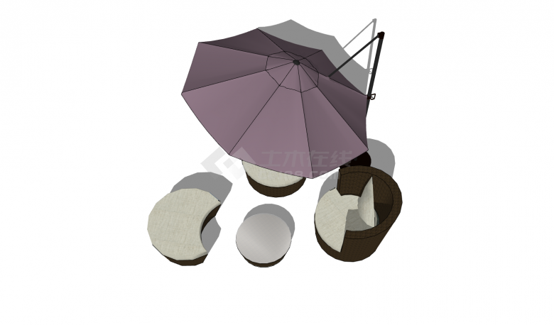 紫色遮阳伞米白色坐垫创意造型户外桌椅su模型-图二