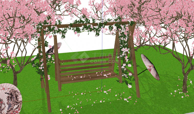 樱花纸伞木质草地秋千座椅su模型-图二