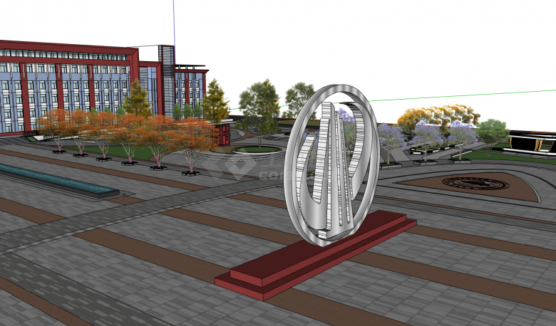 红色底座白色圆环造型校园文化广场雕塑su模型-图一