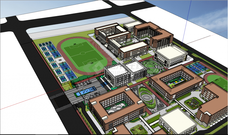 棕白色的教学楼和绿色操场的学校洪湖学校su模型-图一