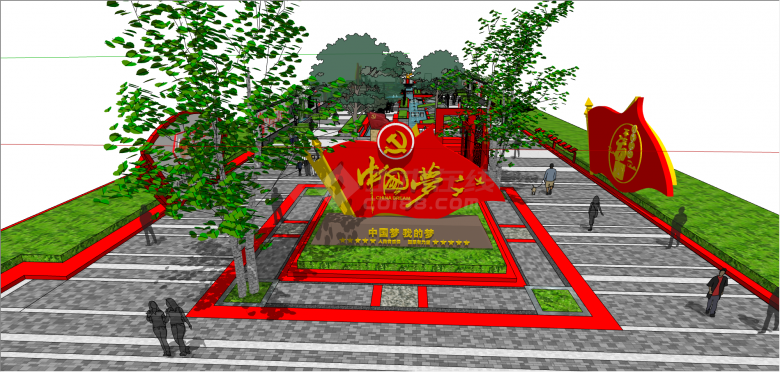 中式红色特色民俗文化广场su模型-图二