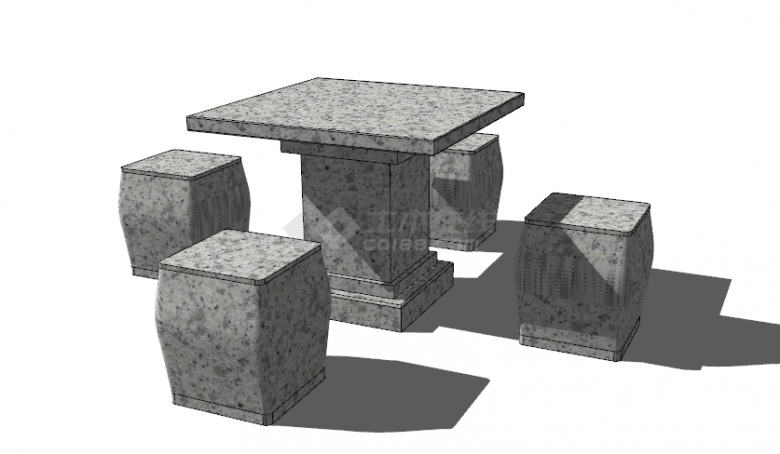 中式方形户外石桌凳su模型-图一