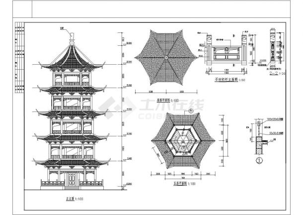 仿古代五层带斗拱摘星楼宝塔建筑设计施工图-图一