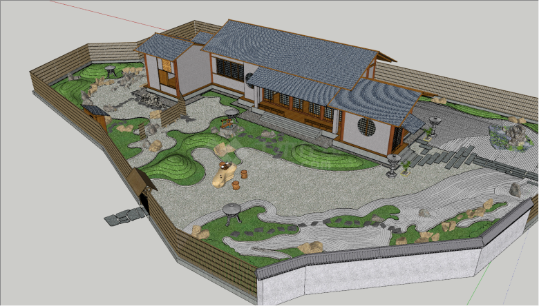 日式枯山水景观庭院SU模型-图二