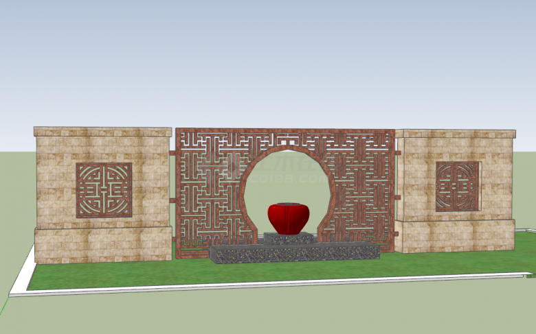 新中式景墙水景围墙su模型-图二