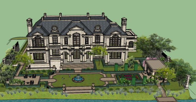 超大型法式别墅庭院景观su模型_图1