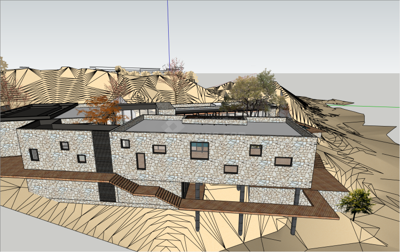 别致石砌现代风格山地售楼处会所文化建筑SU模型-图二