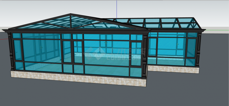 现代蓝色玻璃黑色框架一层阳光房独栋别墅SU模型-图二