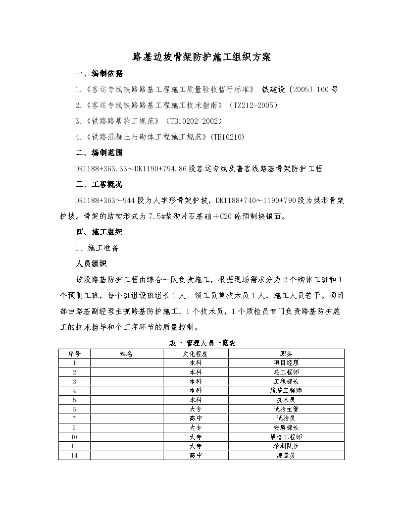 某客运铁路专线路基边坡骨架防护施工方案-图一