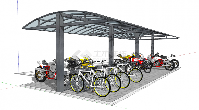 现代自行车赛车停车棚SU模型-图一