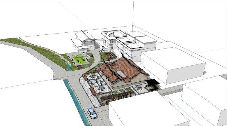 现代滨河广场景观建筑规划SU模型-图一