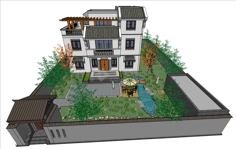 精美新中式风格庭院景观花园SU模型-图二