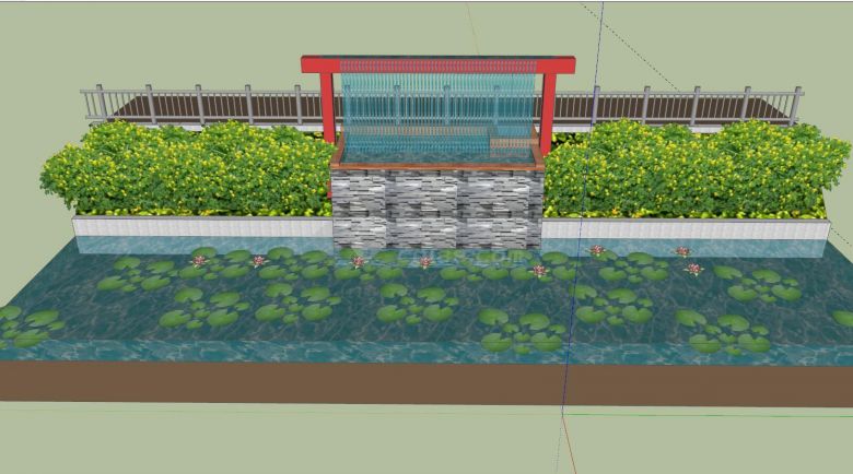 中式水景墙荷花池塘SU模型-图二