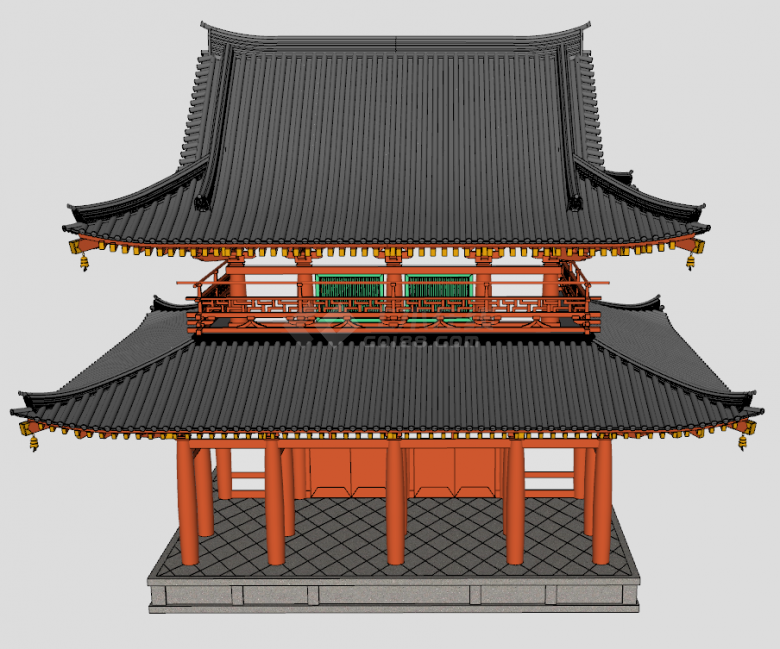 中式双层红色阁楼古建筑阁楼su模型-图二