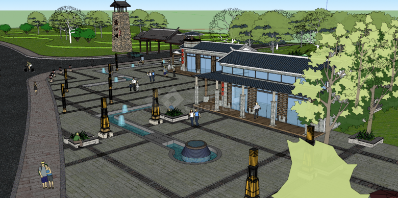 青山绿水包围的中式大型广场入口景观建筑su模型-图二