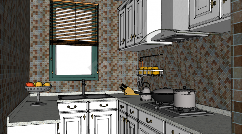 带有厨具的菱形格厨房空间su模型-图二