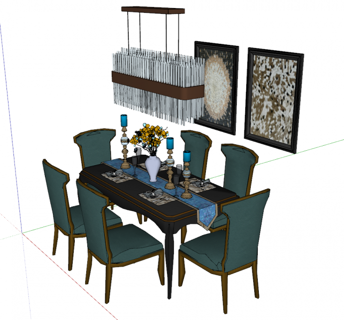 带有精致的大吊灯和深绿色椅子餐厅空间su模型_图1