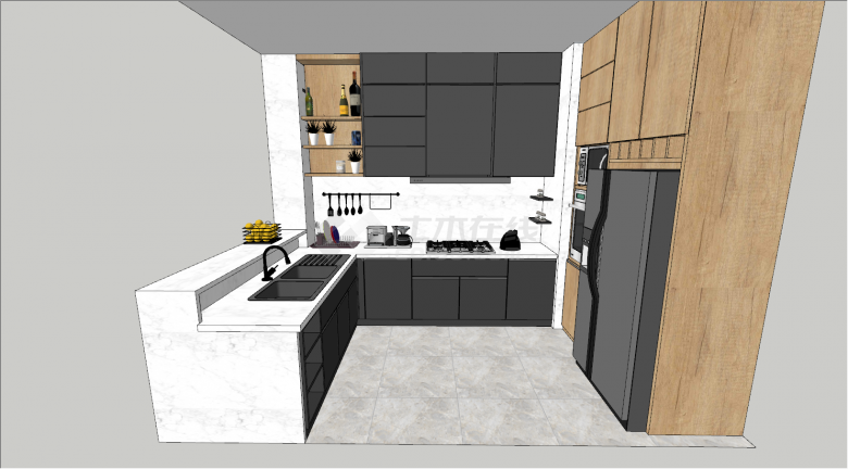 黑白相间的大储物柜子北欧厨房 su模型-图二