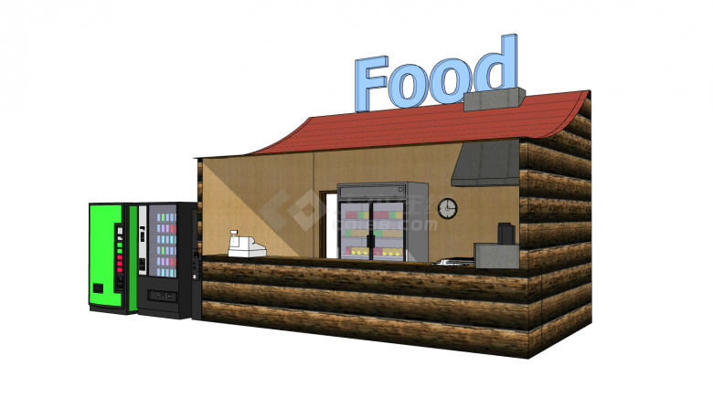 弧形红顶小木屋食物售卖亭su模型-图一