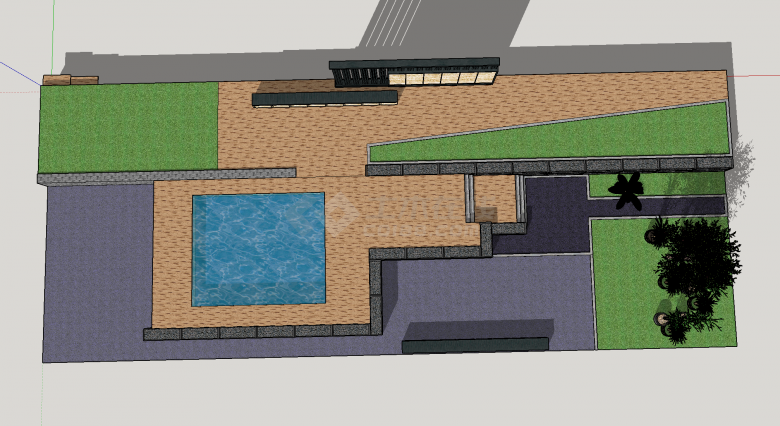带鱼池和盆栽的石墙景观su模型-图二