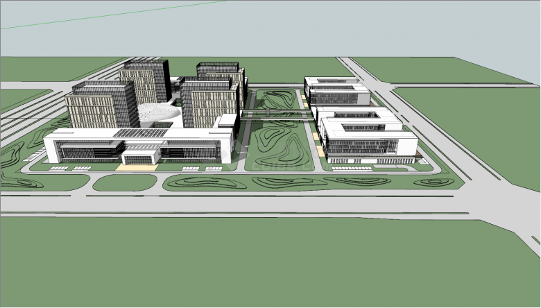 带有大广场和山丘草坪的高楼办公楼产业园su模型-图一