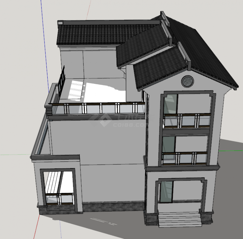 现当代中式带车库的独栋别墅su模型-图二