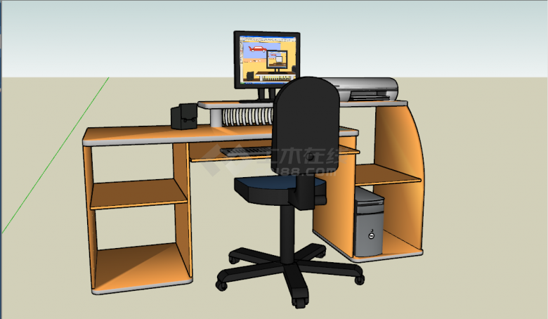 橙色板式办公桌电脑桌椅单体su模型-图一