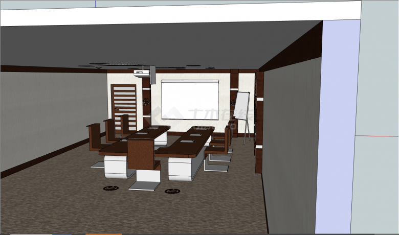 一间装修简约的办公室里放置着棕白相间的桌椅公司小型会议室SU模型-图一