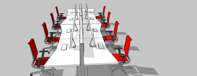 白色中间有隔断的长款办公室桌子su模型-图二