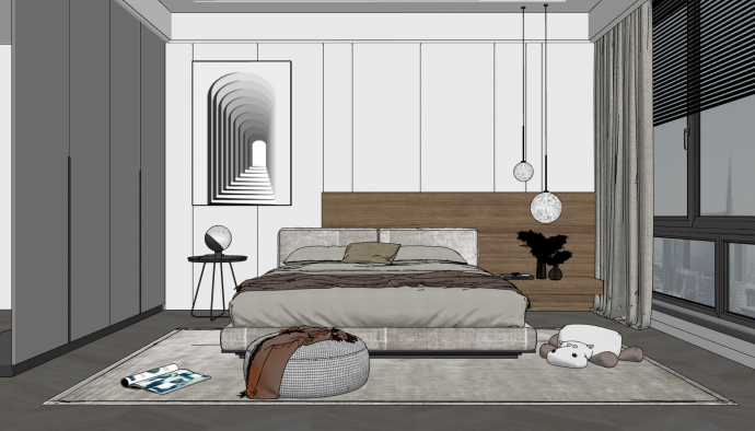 现代卧室双人床灰色地毯su模型_图1