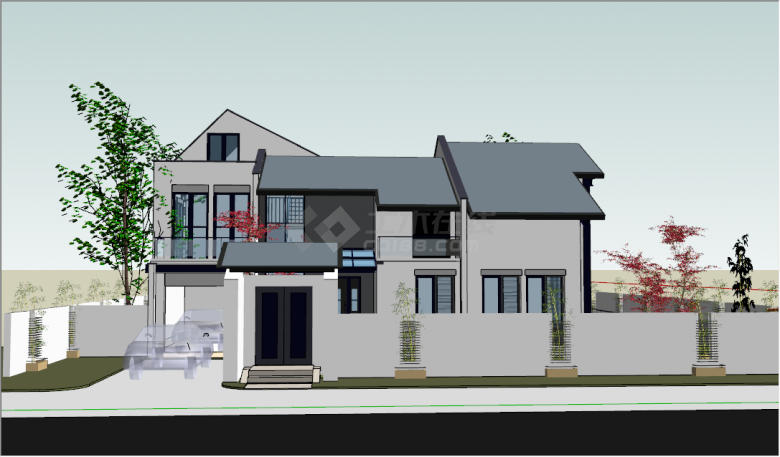现代简约白墙独栋别墅庭院花园su模型-图一