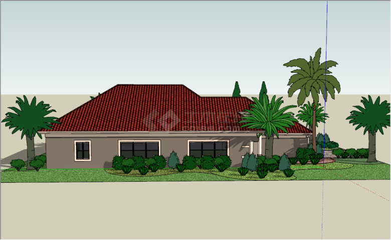 东南亚风格红色屋顶平房别墅su模型-图二