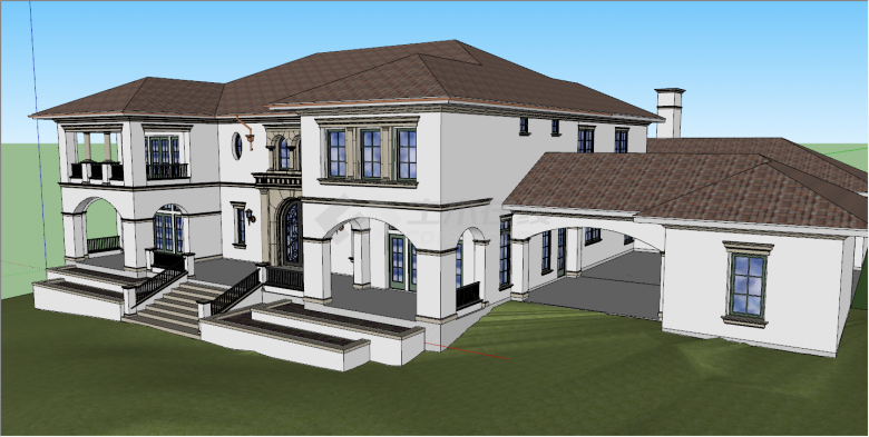 美式大户型超奢侈别墅庭院su模型-图二