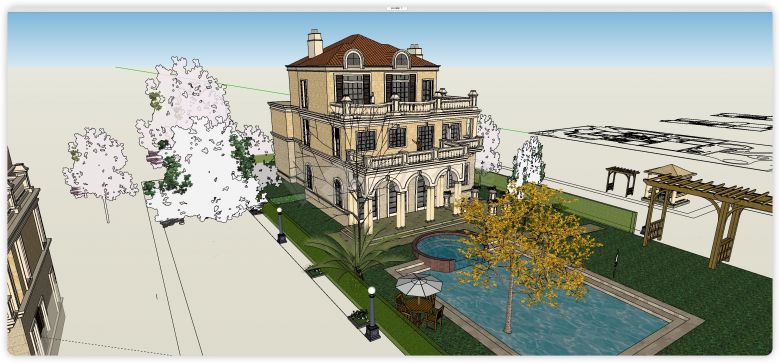 欧式三层带泳池别墅庭院su模型-图二