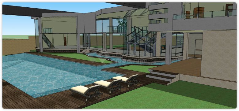 大泳池现代风格别墅庭院su模型-图一