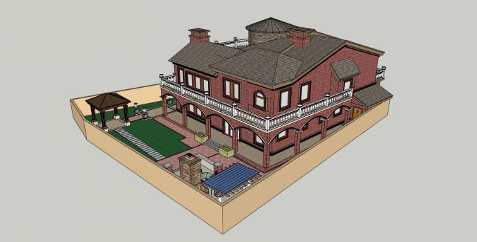 坡屋顶红墙别墅庭院su模型_图1