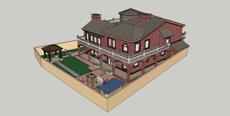 坡屋顶红墙别墅庭院su模型-图一