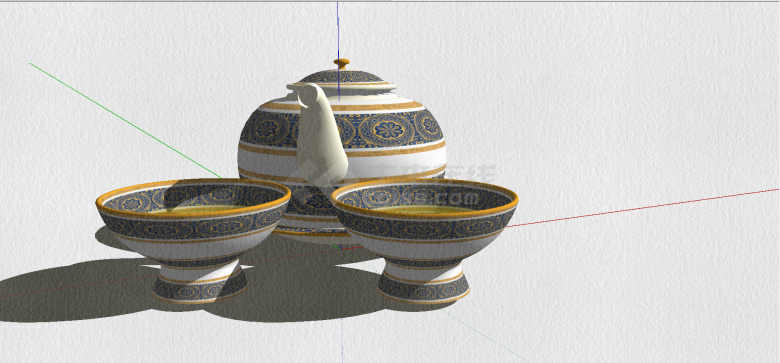 中式瓷器花纹样式茶壶和宽口茶杯su模型-图二