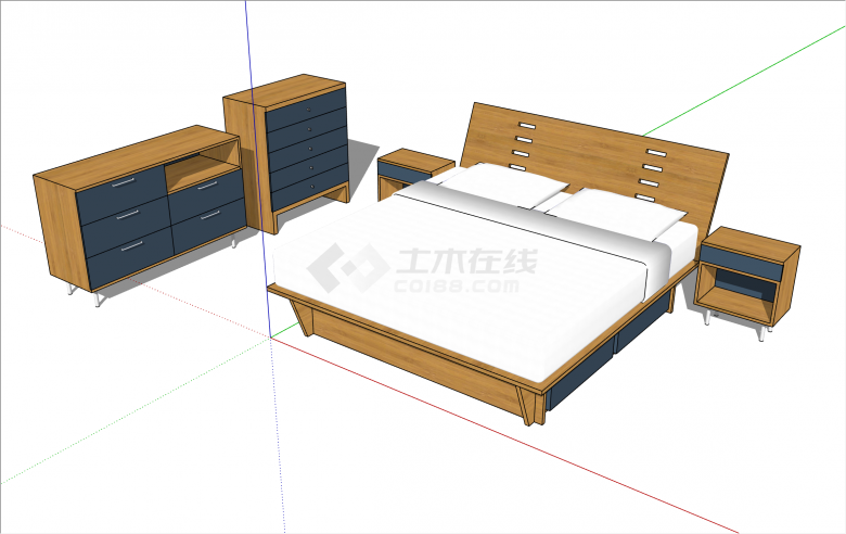 北欧木制床及柜子组合su模型-图一