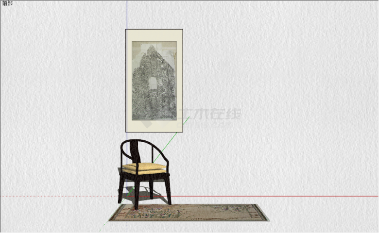中式黑木座椅地毯装饰画组合su模型-图二