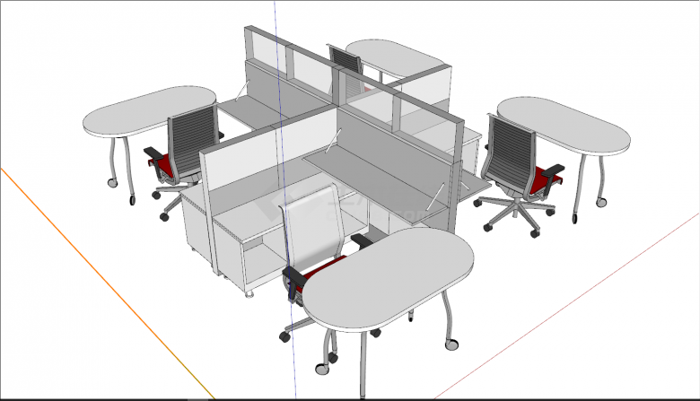 十字型工位摆放式桌椅组合su模型-图一